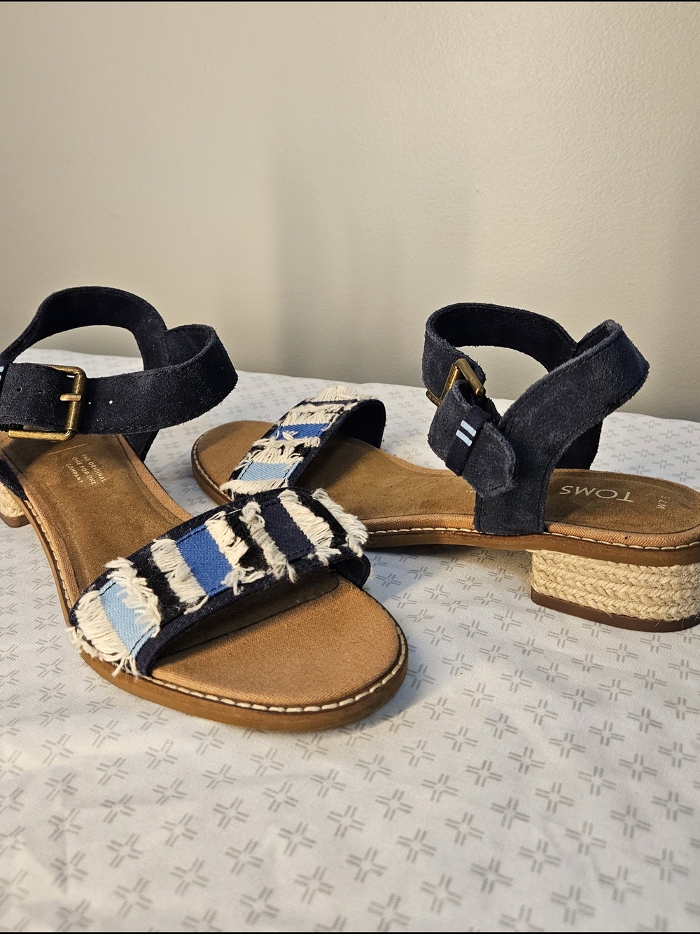 TOMS Navy Blue Strappy Sandals with Fringed Blue Accent